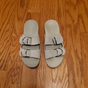 Vionic Gray Slide Soft Suede Sandals with Silver Buckle Detail